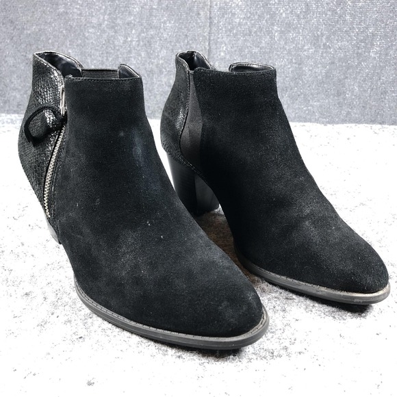 Vionic Ankle Booties Womens 11 W Black Suede Wide Zip Faux Snakeskin Heel Shoes - Picture 1 of 16